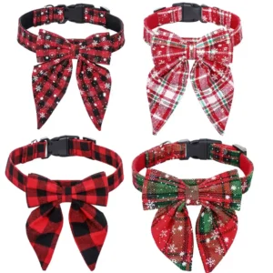 Christmas Snowflake Bow Dog Collar – Adjustable Cotton Pet Collar for Small & Large Dogs & Cats