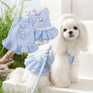 Cute Blue Plaid Dog Dress Breathable Bow Puppy